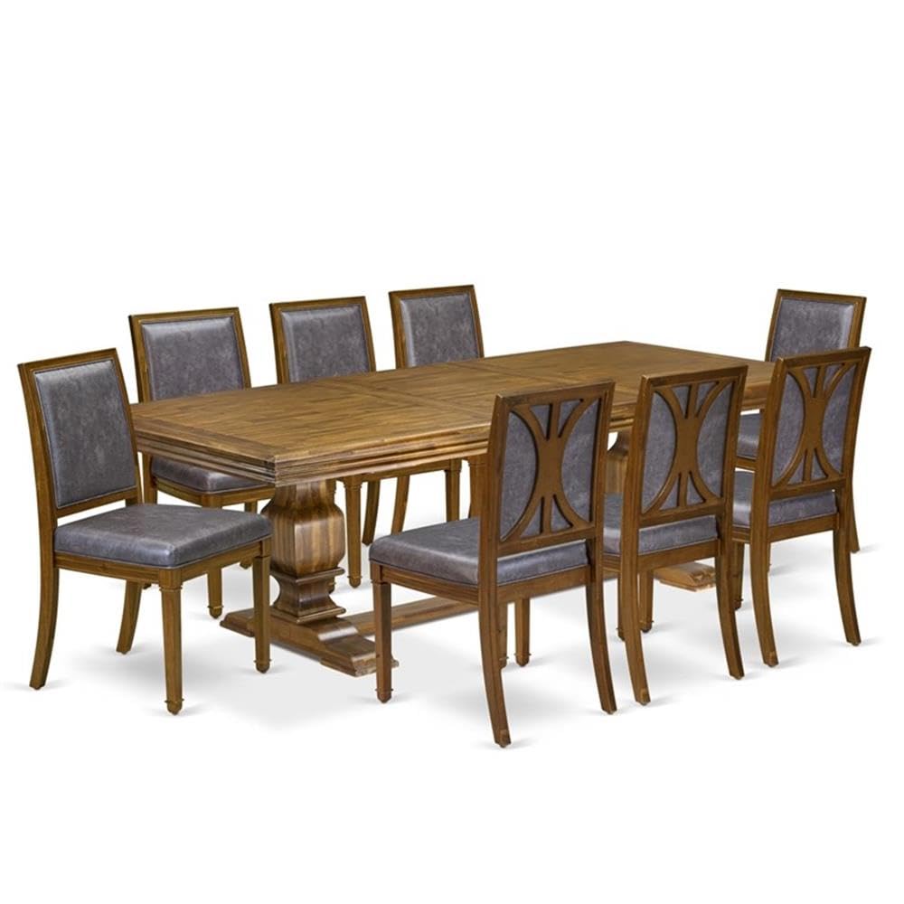 9-Piece Acacia Wood Dining Table Set with 8 Dark Grey PU Leather Chairs H89981