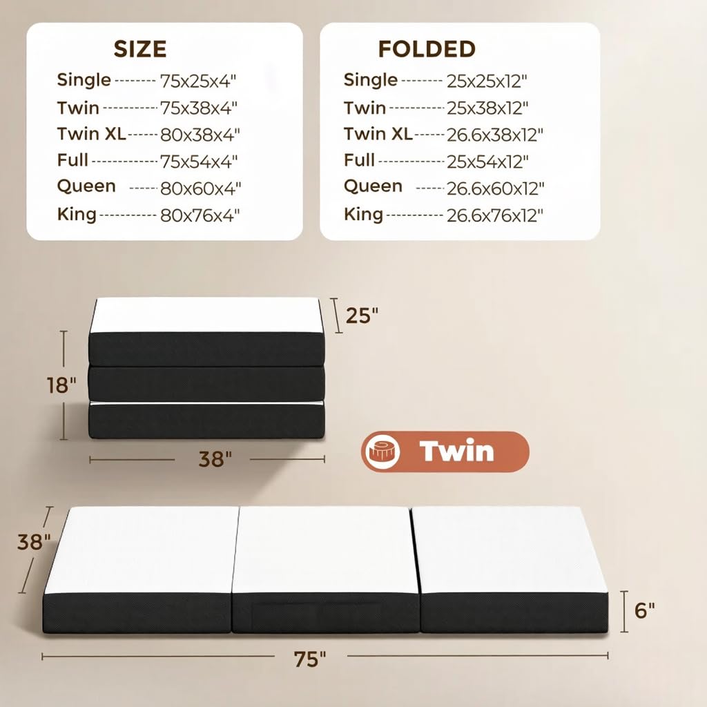 6 Inch Trifold Memory Foam Mattress, Twin M614