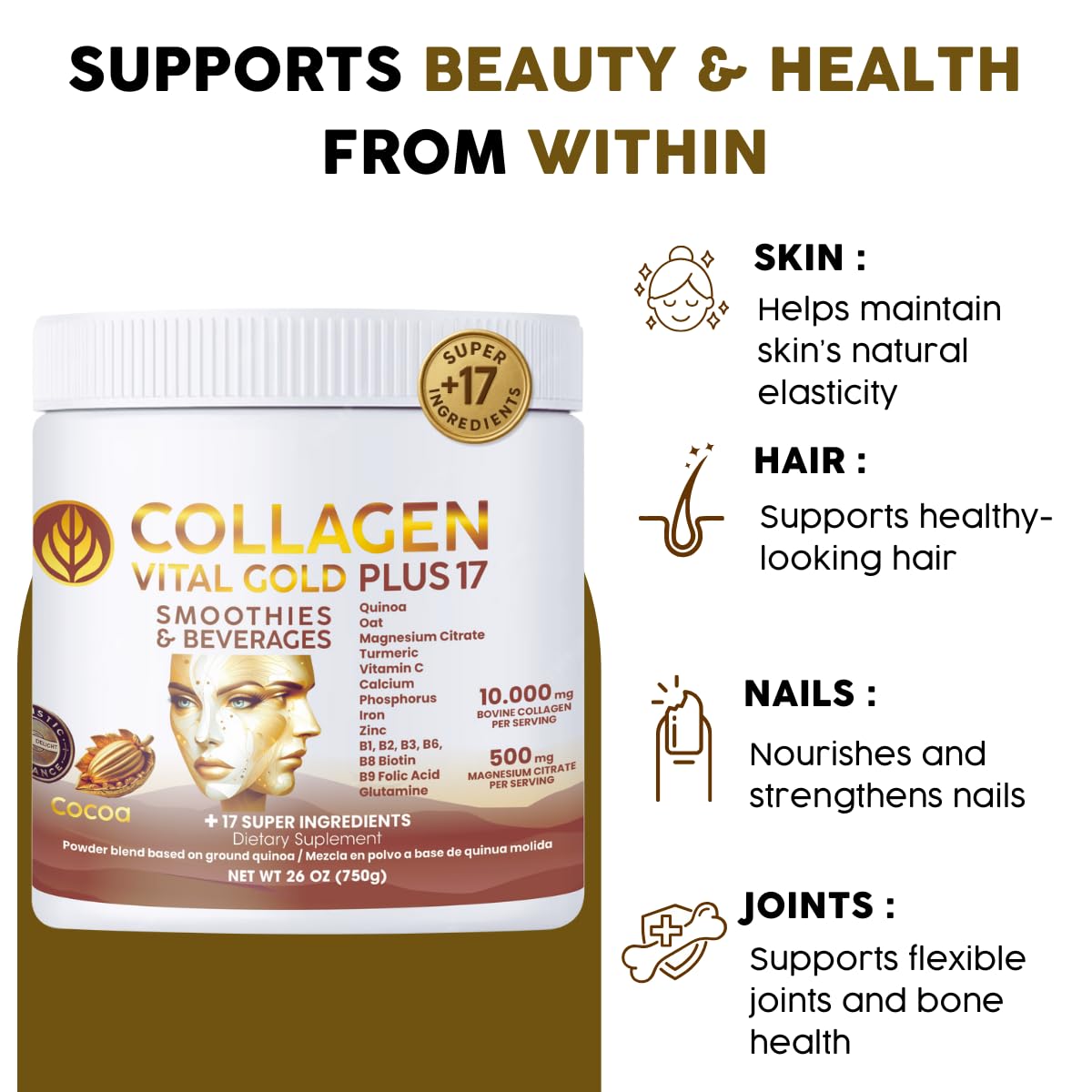 Collagen Peptides Powder Cocoa Flavor 26 oz D6836
