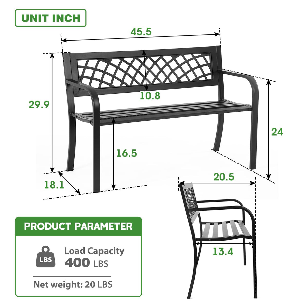 Black Metal Garden Bench with Plastic Backrest and Armrests H9176