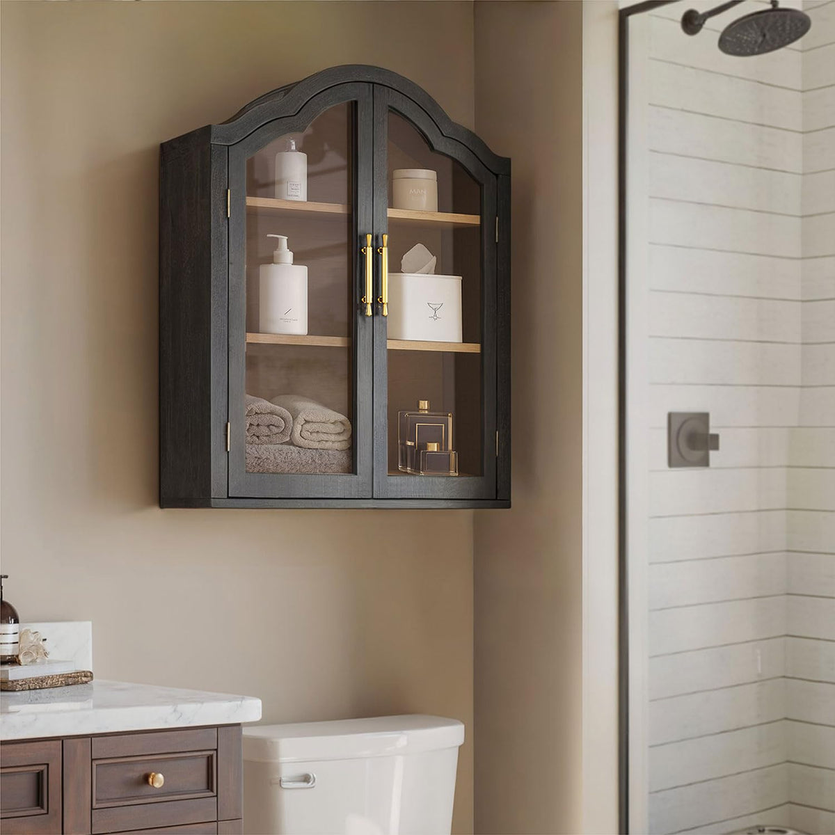 Black 31.5×23.6 Inch Wall Mounted Cabinet with Tempered Glass Doors B77374