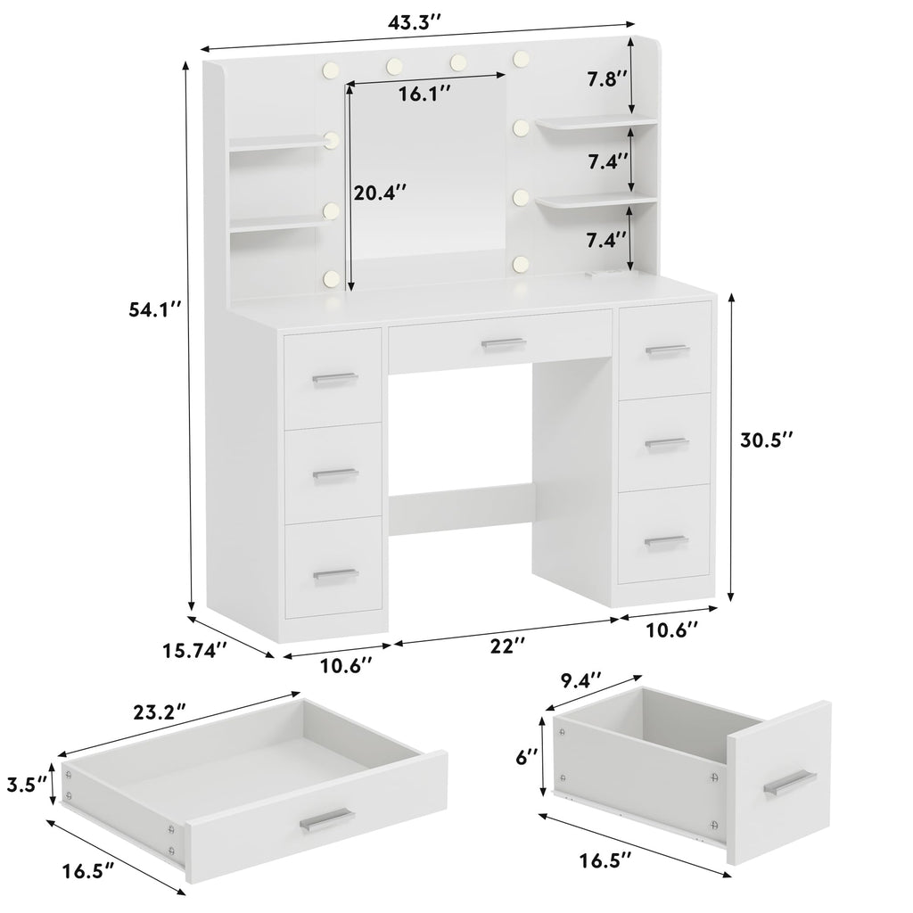 White Vanity Desk with Lighted Mirror and 7 Drawers G78447