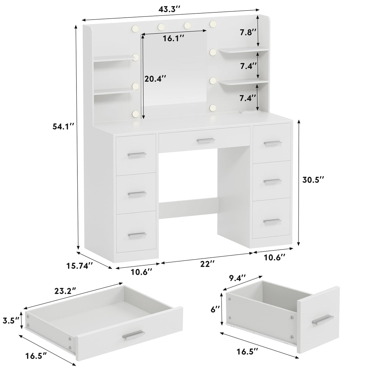 White Vanity Desk with Lighted Mirror and 7 Drawers G78447