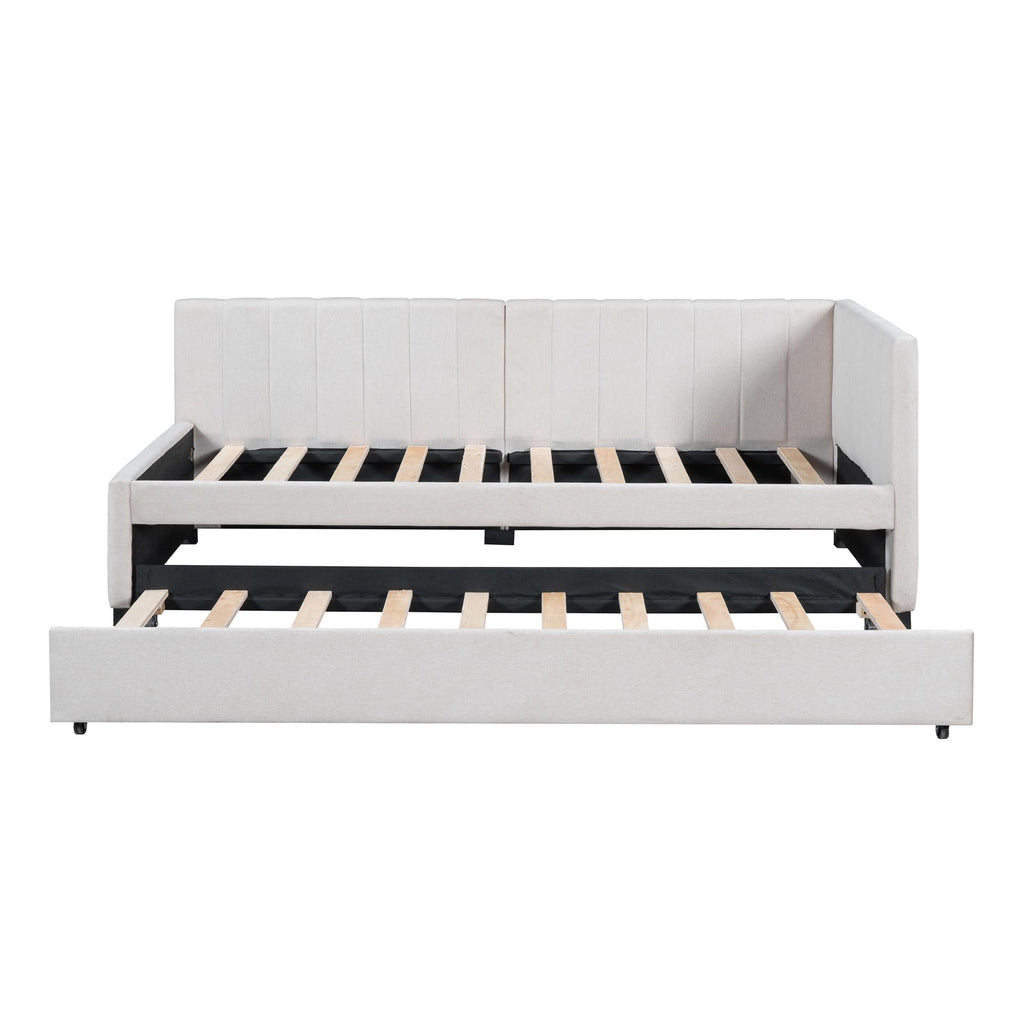 Beige Linen Twin Daybed with Pull-Out Trundle F564954