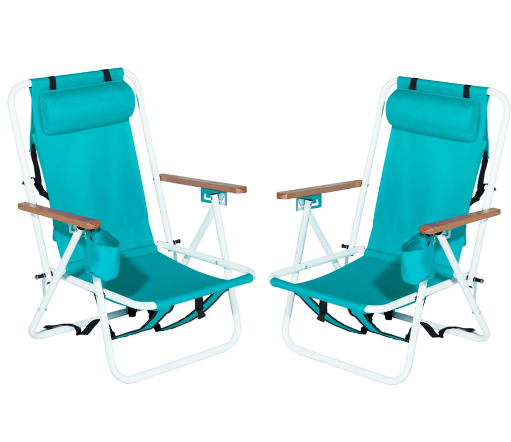 Set of 2 Folding Backpack Beach Chairs with Cup Holder (Green) G6505
