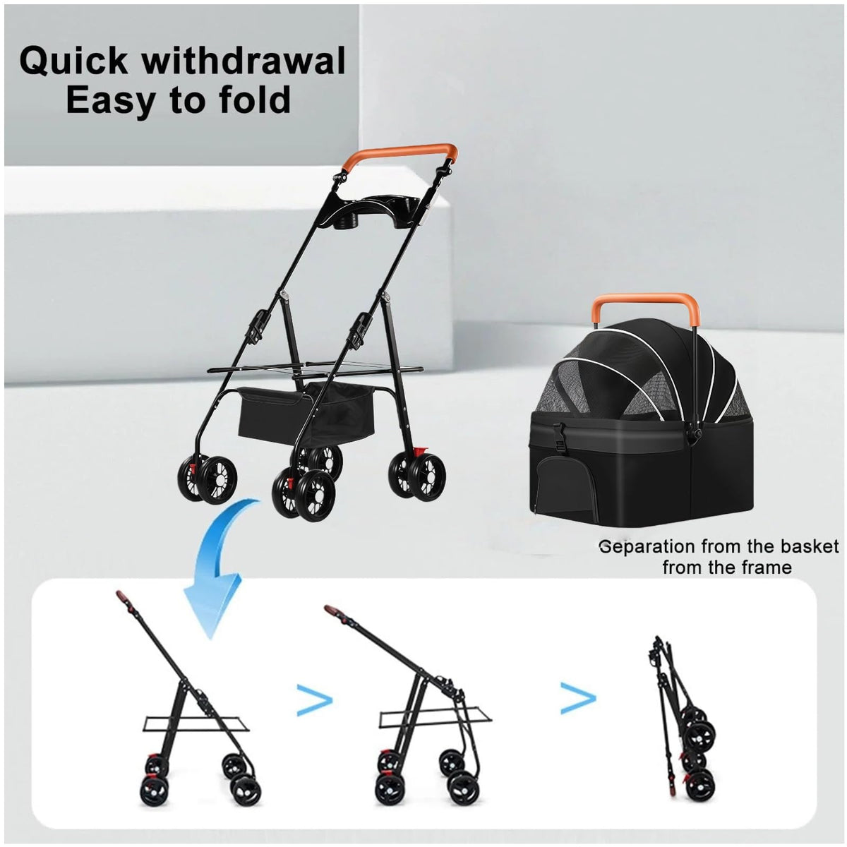 Black Foldable Pet Stroller with Storage Basket U71286