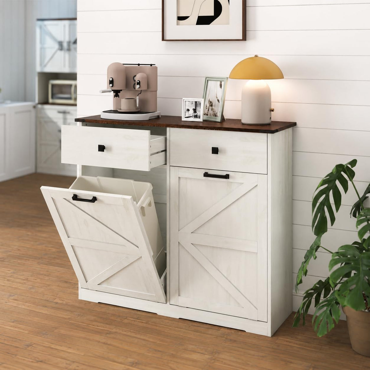 White Double 10 Gallon Tilt Out Trash Can Cabinet J294826