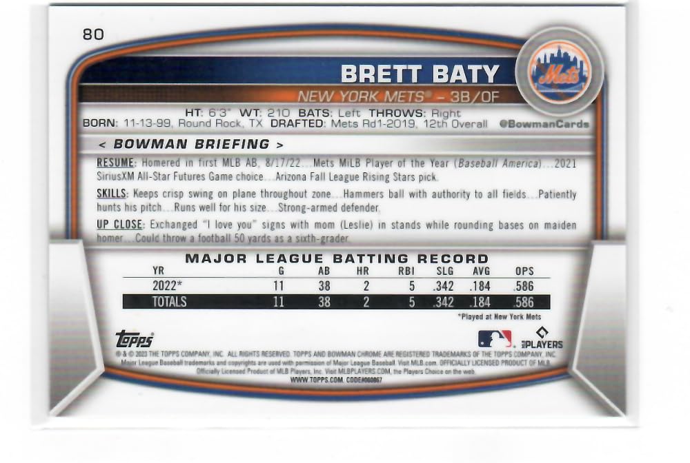Bowman Chrome Mega Box Mojo Refractor Purple #80 Brett Baty RC Rookie Card /250 New York Mets Baseball NM-MT B86964