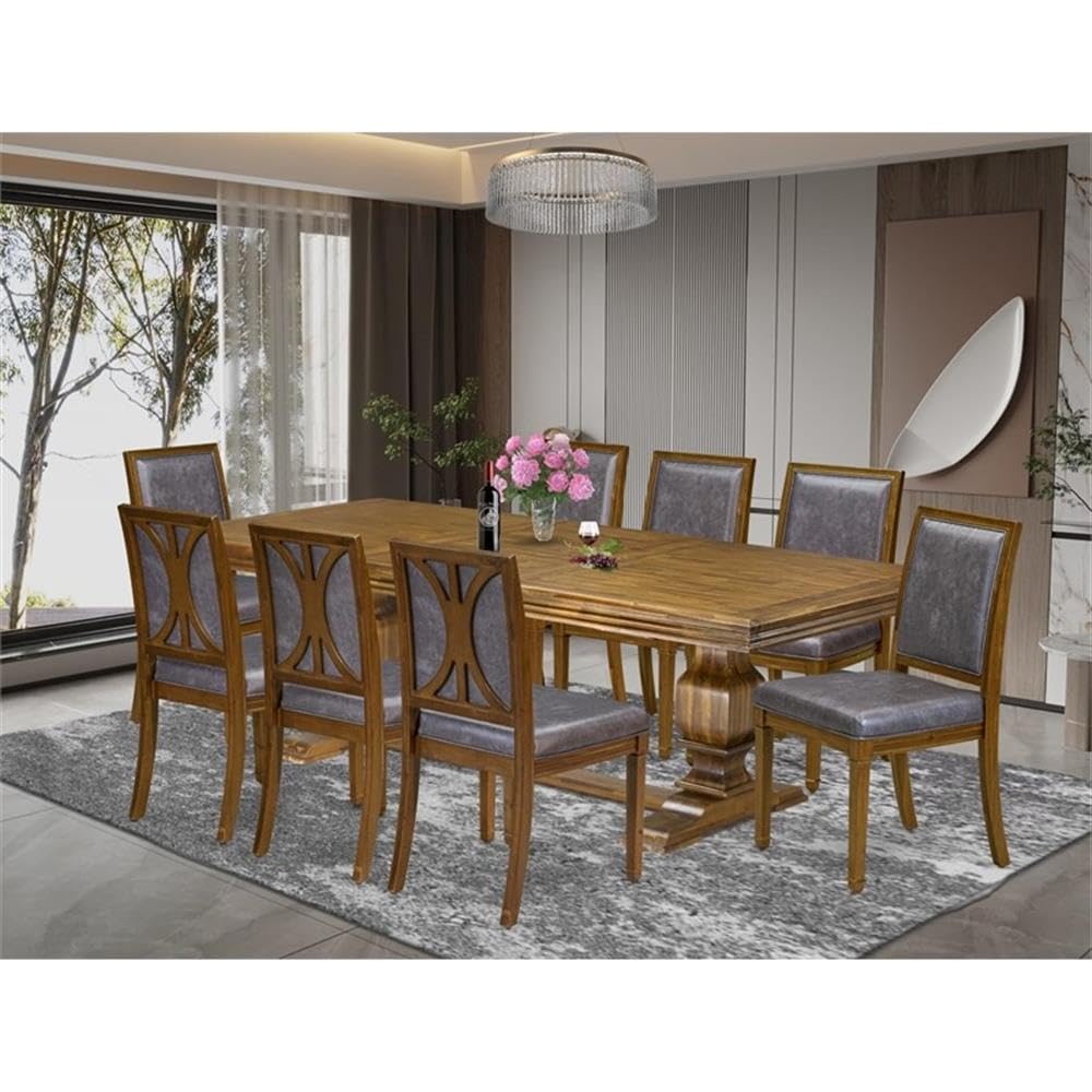9-Piece Acacia Wood Dining Table Set with 8 Dark Grey PU Leather Chairs H89981