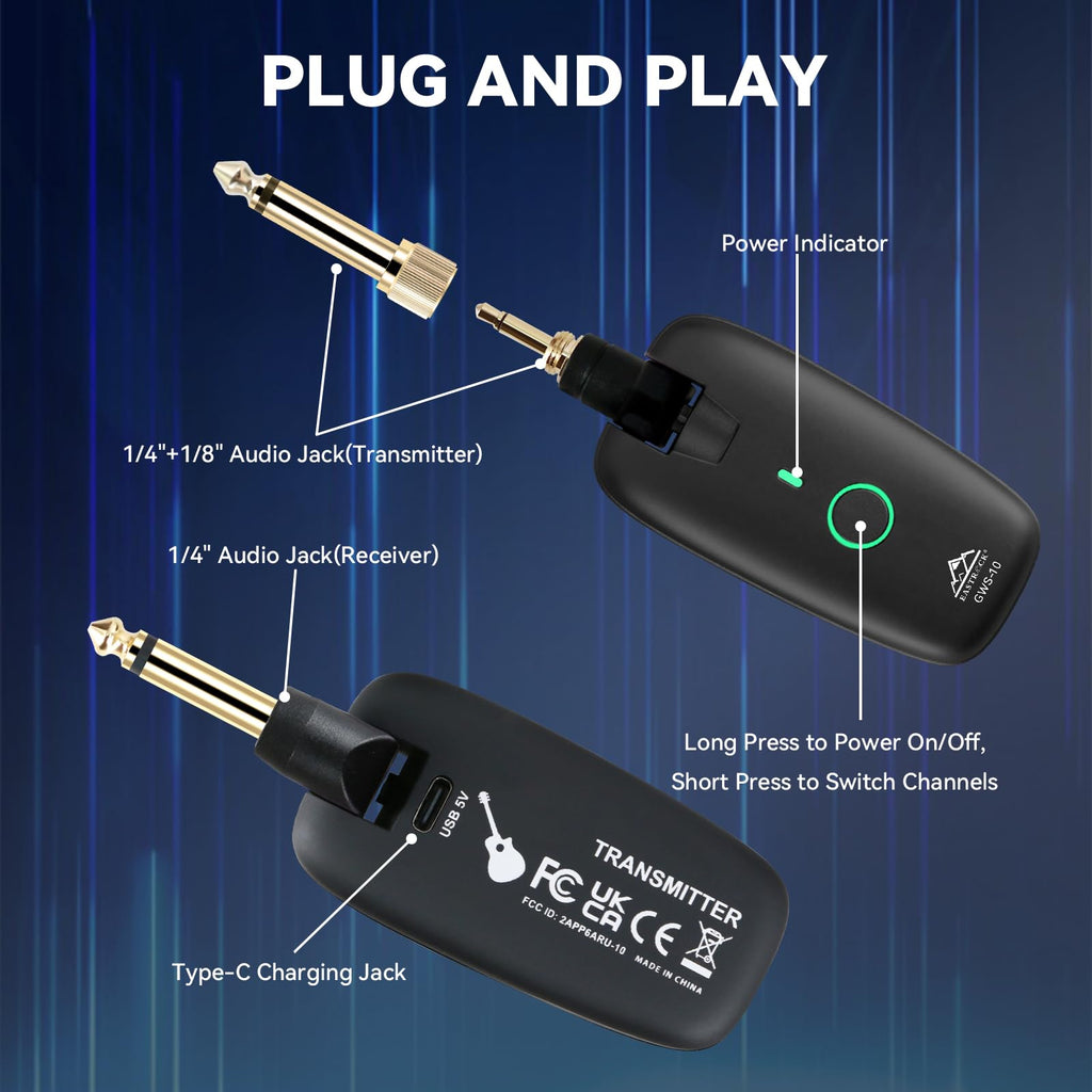 Wireless Guitar System Transmitter Receiver 7-Channel Rechargeable Black C898