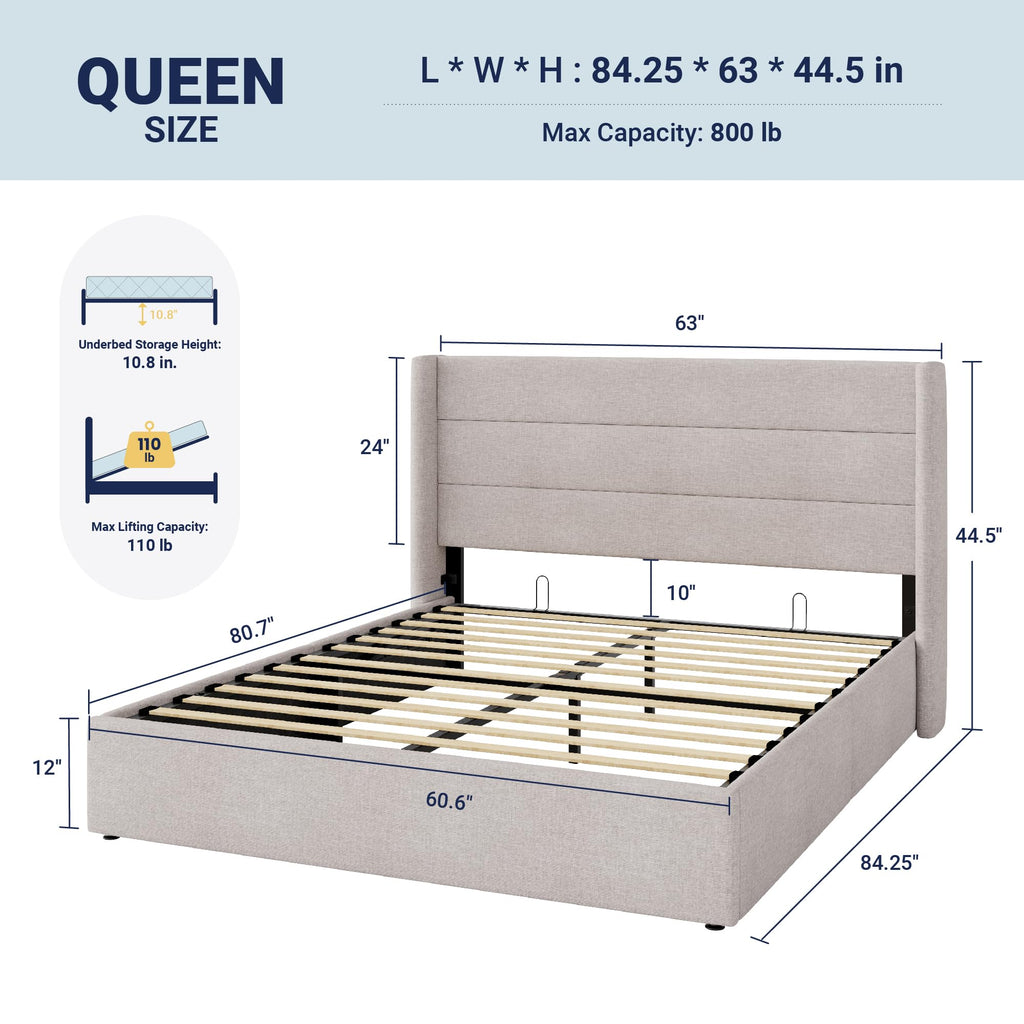 Queen Size Lift Up Storage Bed Frame Light Beige F527336