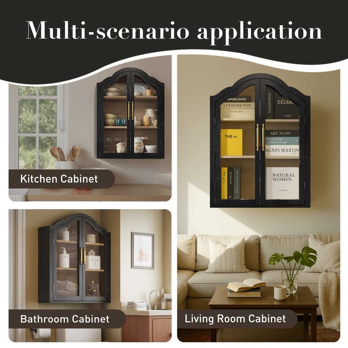 Black 31.5×23.6 Inch Wall Mounted Cabinet with Tempered Glass Doors B77374