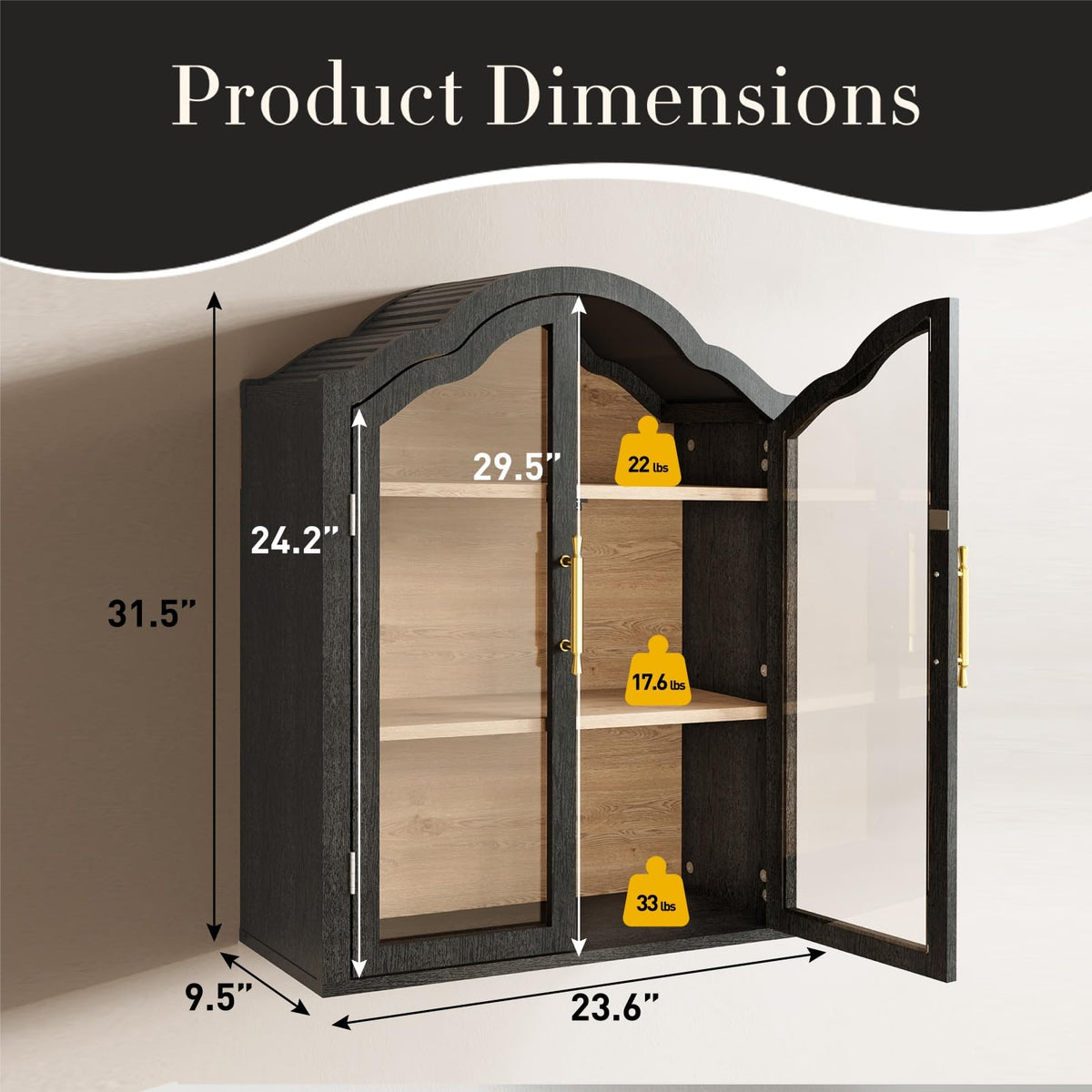 Black 31.5×23.6 Inch Wall Mounted Cabinet with Tempered Glass Doors B77374