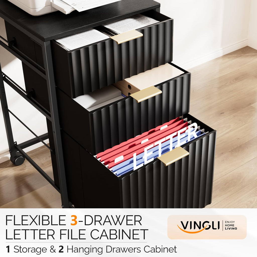 Black 3 Drawer Rolling File Cabinet with Wheels J73752
