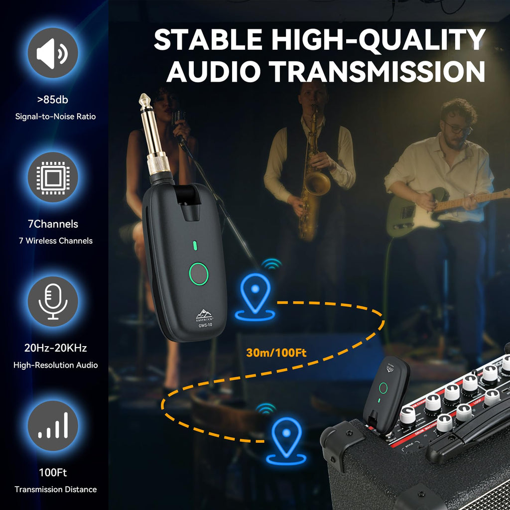Wireless Guitar System Transmitter Receiver 7-Channel Rechargeable Black C898