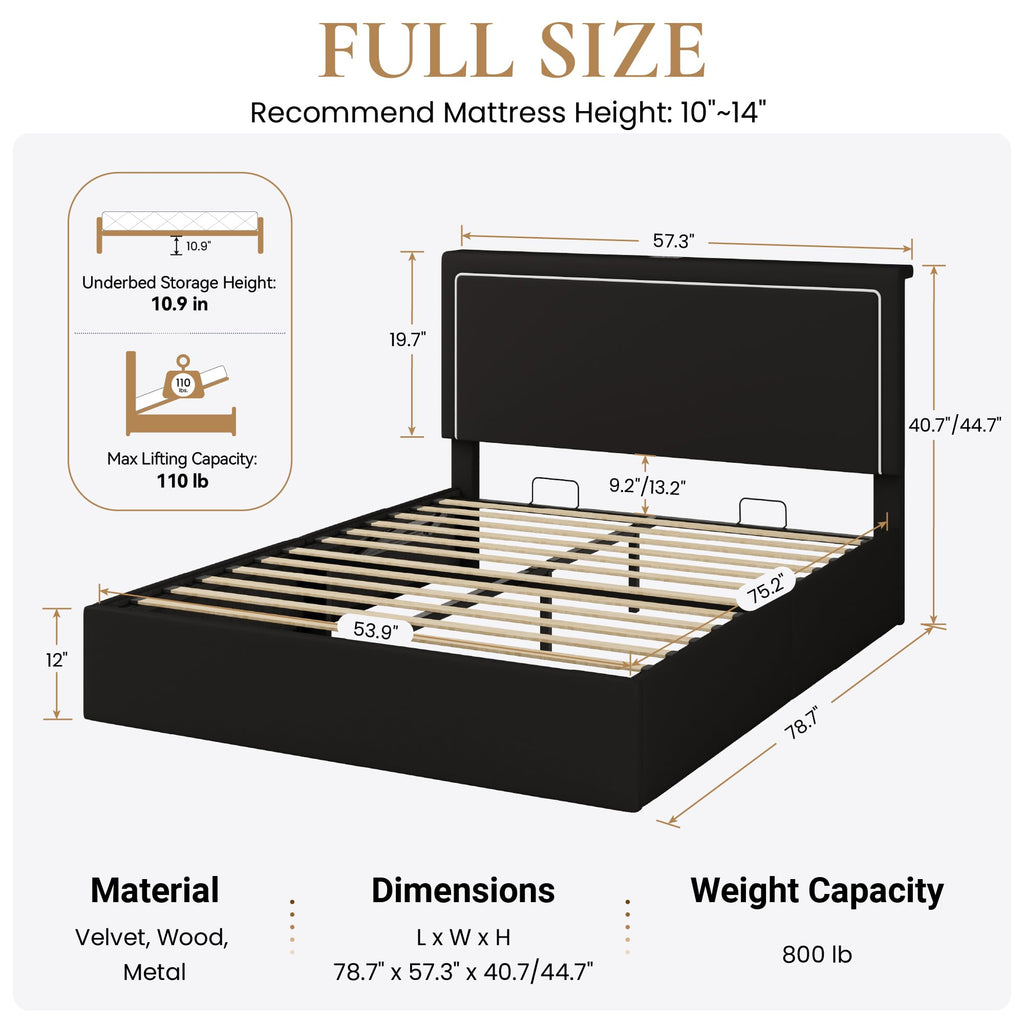 Full Size Lift Up Storage Bed Frame with LED Lights, Black G67074