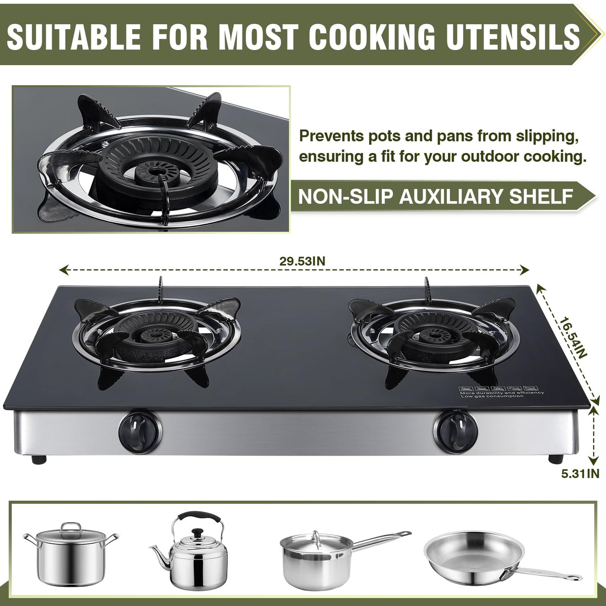2-Burner Propane Gas Cooktop Portable Tempered Glass Stove E291