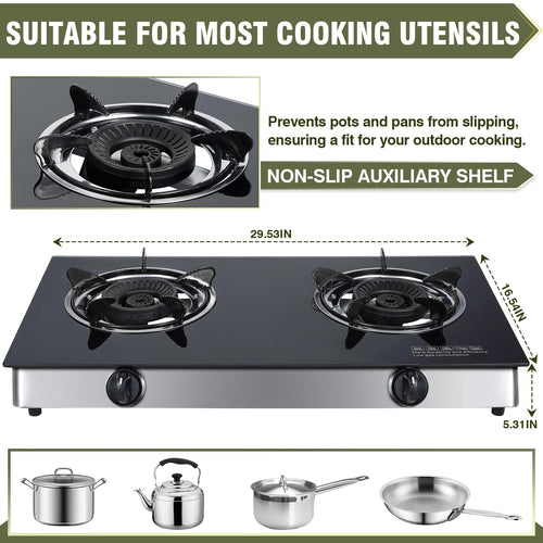 2-Burner Propane Gas Cooktop Portable Tempered Glass Stove E291