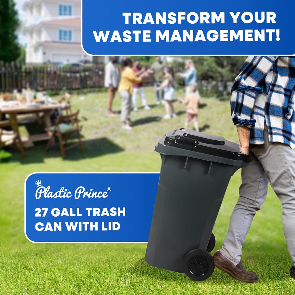27 Gallon Wheeled Plastic Trash Can with Lid I2674