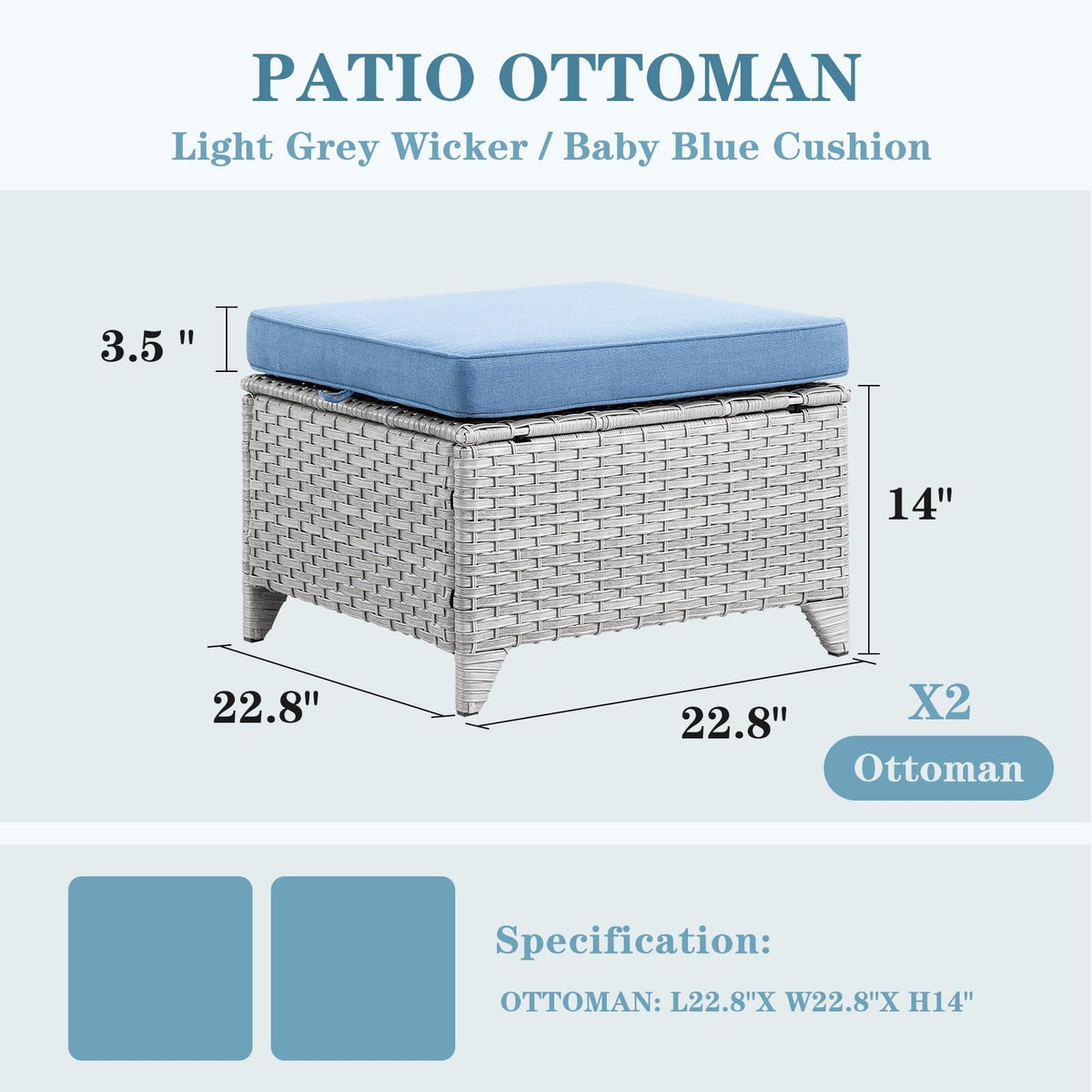 Wicker Outdoor Ottomans Set of 2 Handwoven Rattan Footstools with Removable Cushions C801