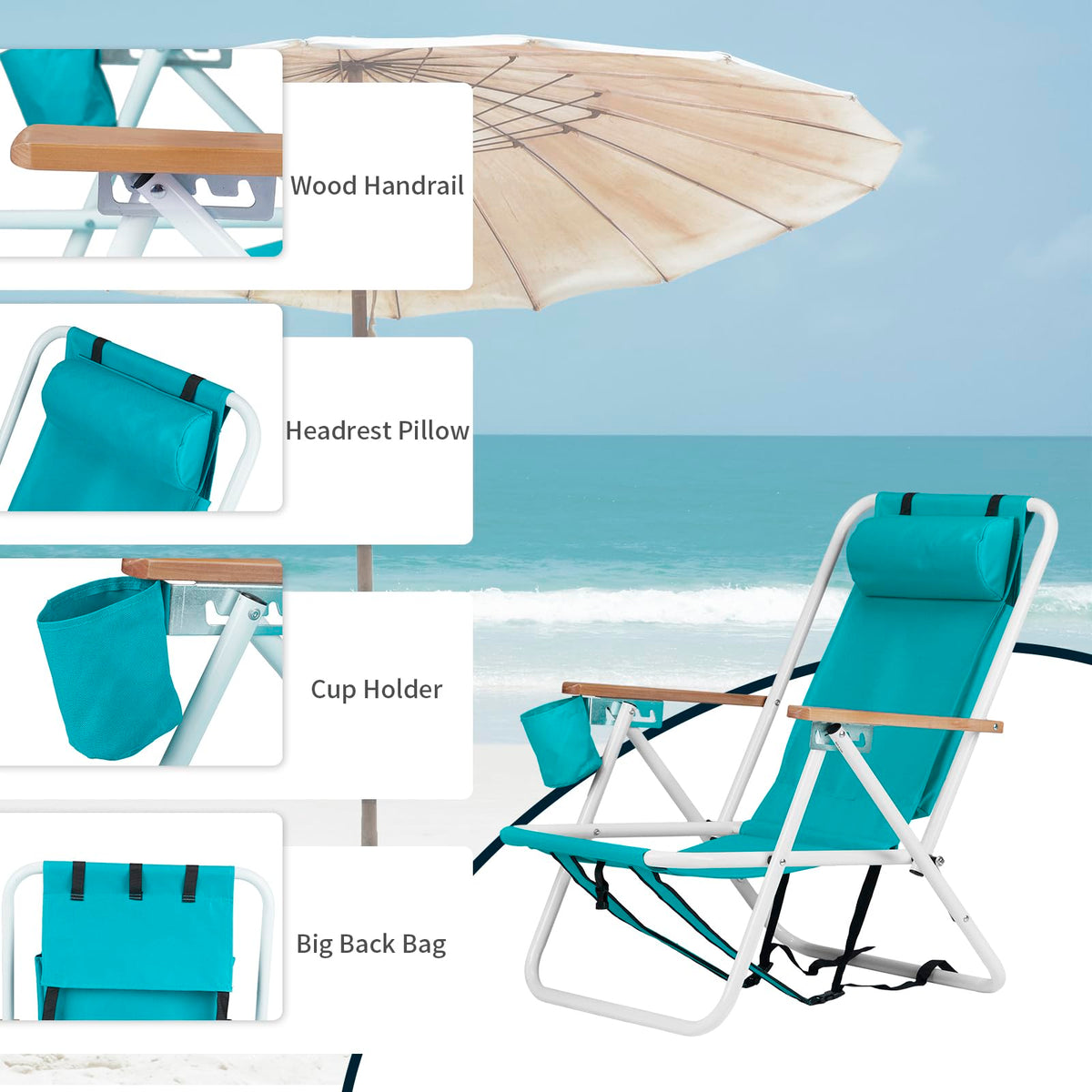 Set of 2 Folding Backpack Beach Chairs with Cup Holder (Green) G6505