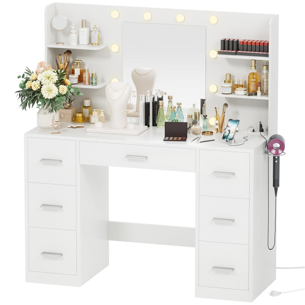 White Vanity Desk with Lighted Mirror and 7 Drawers G78447