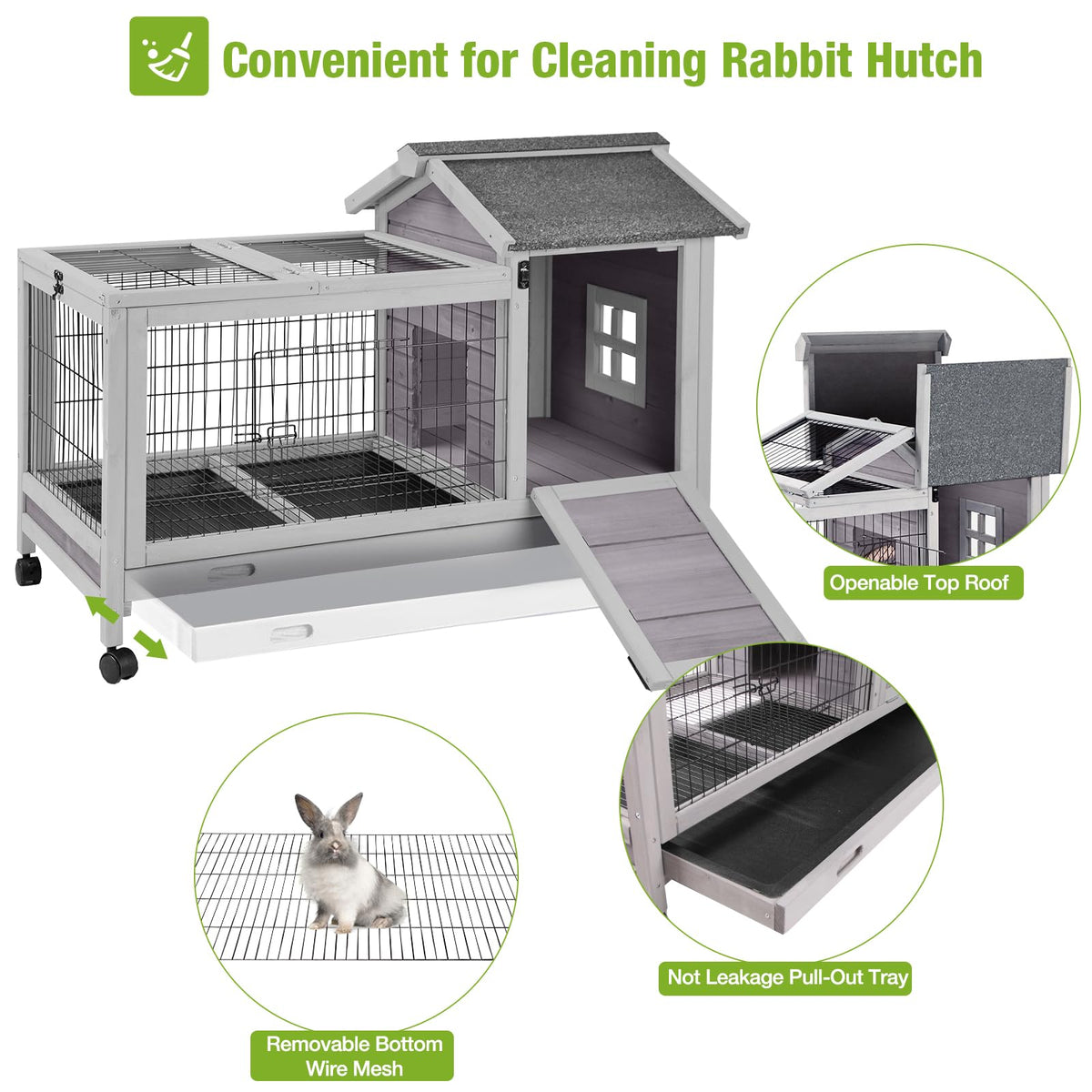 Wooden Rabbit Hutch with Removable Wire Netting and Leak Proof Tray I5553