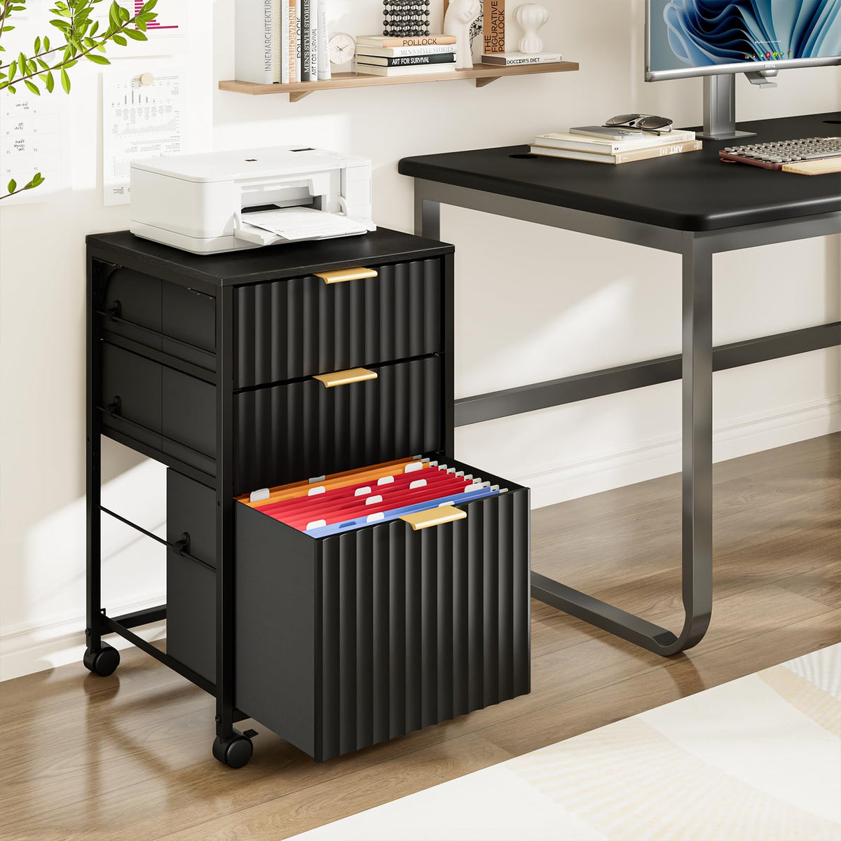 Black 3 Drawer Rolling File Cabinet with Wheels J73752