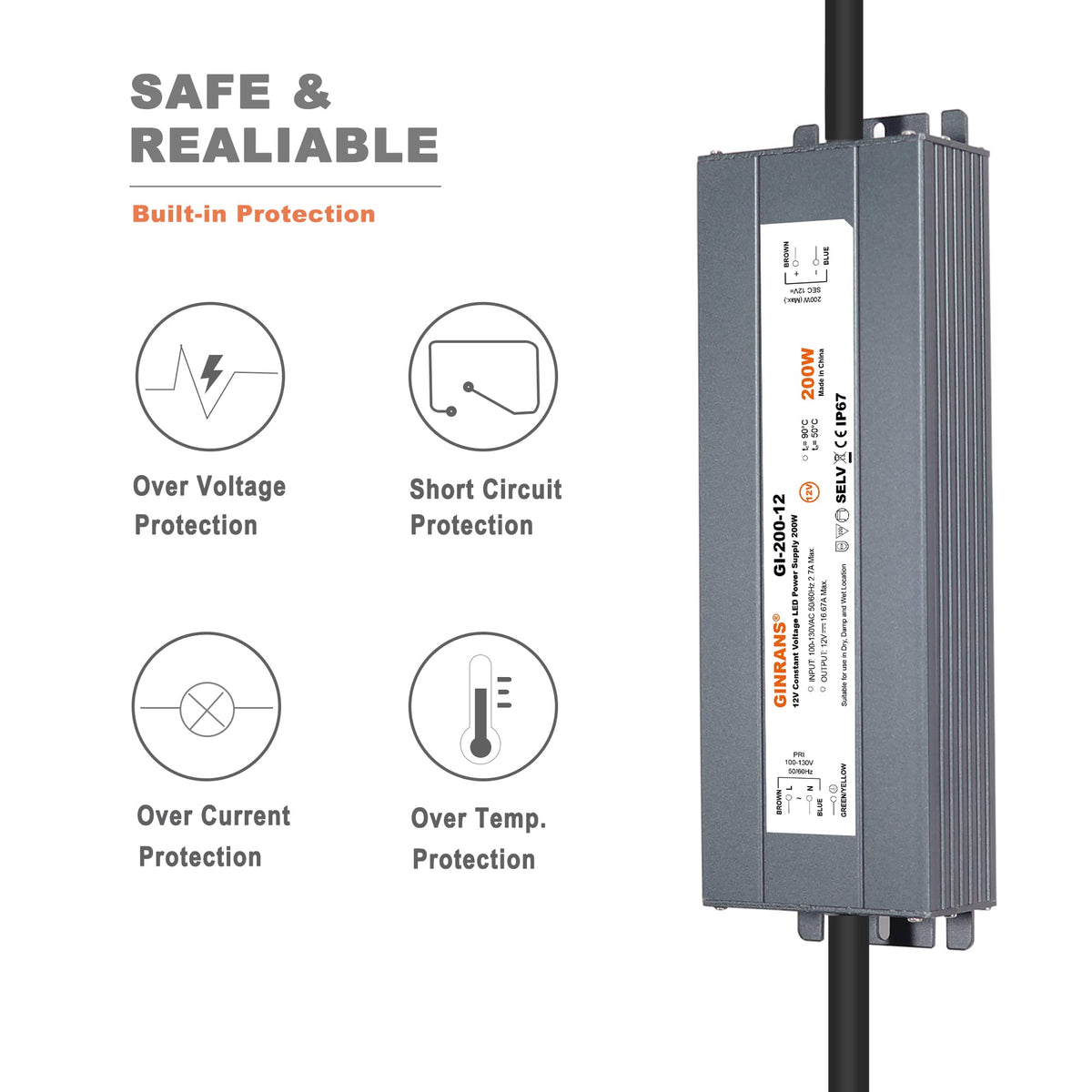 200W IP67 Waterproof Constant Voltage LED Driver Power Supply Transformer I786686