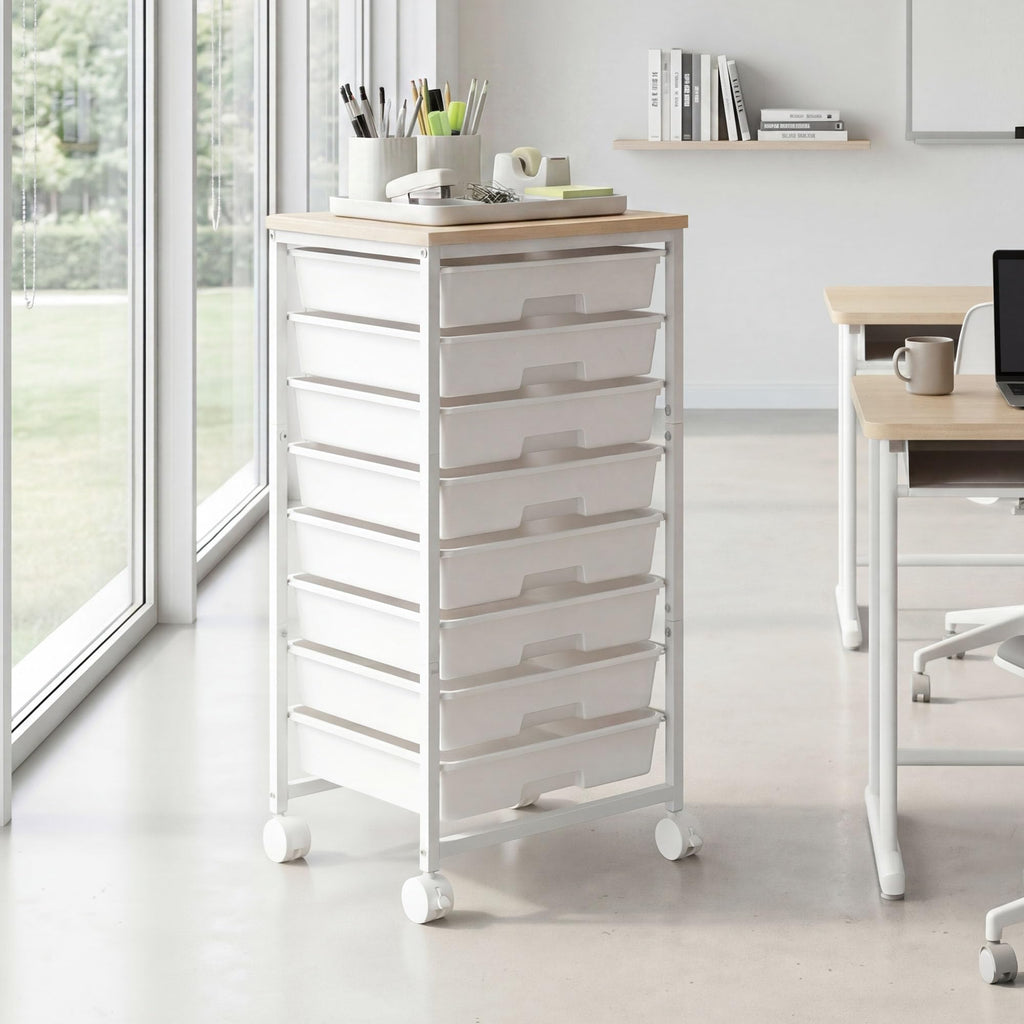 8 Drawer Rolling Storage Cart with Wooden Tabletop O2780