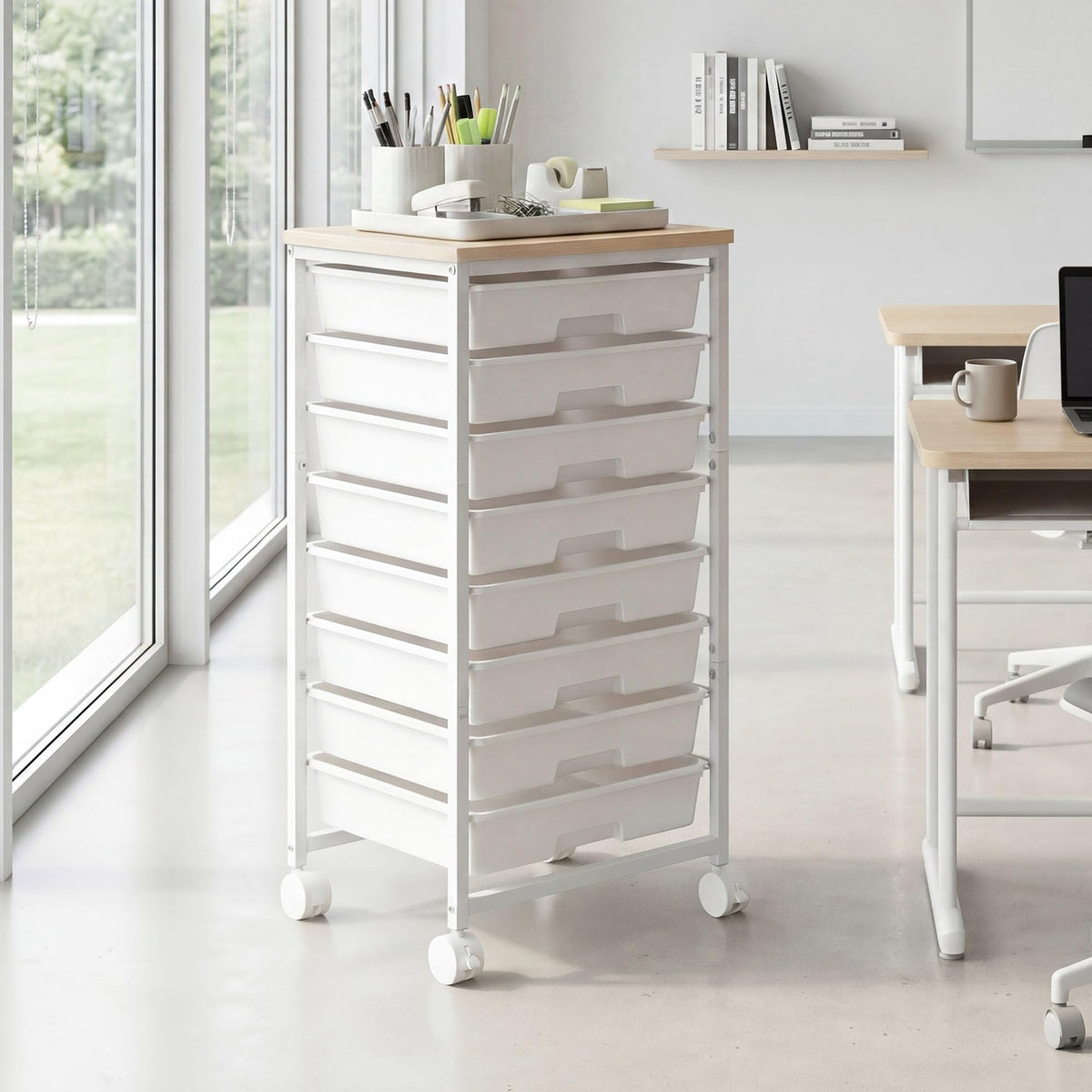 8 Drawer Rolling Storage Cart with Wooden Tabletop O2780