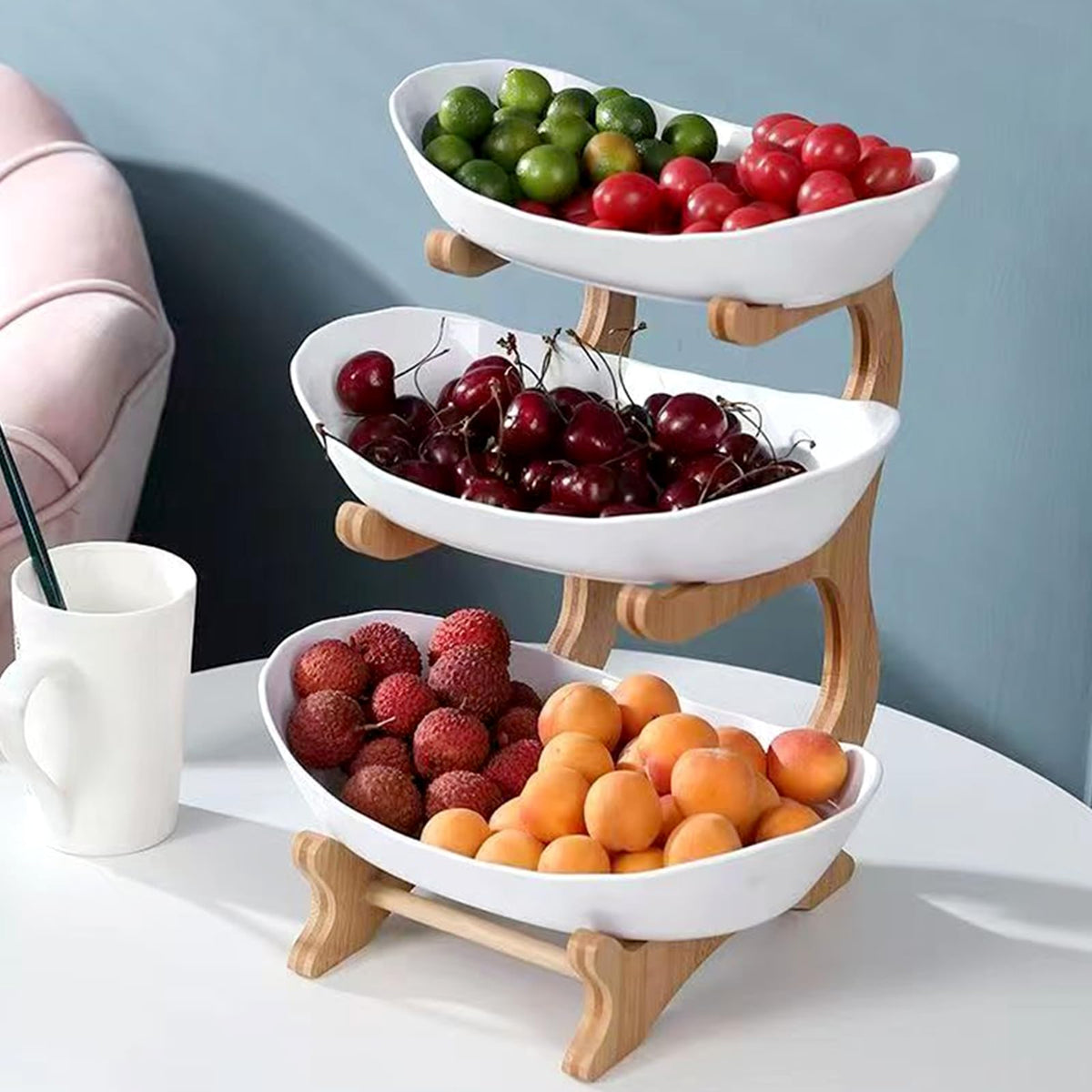3-Tier Oval Fruit Basket with Bamboo Stand O26069