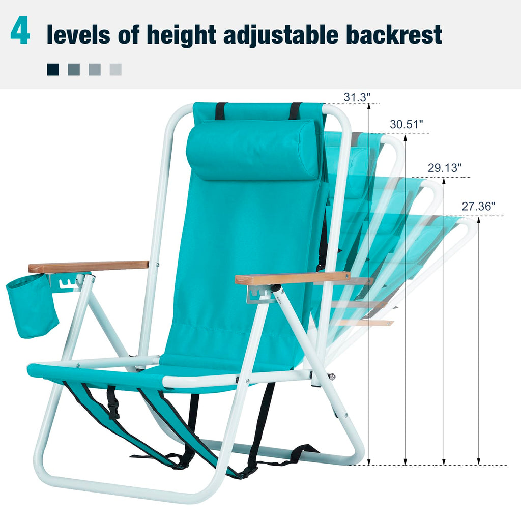 Set of 2 Folding Backpack Beach Chairs with Cup Holder (Green) G6505