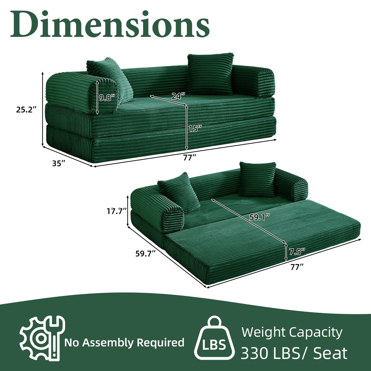 Green Corduroy Convertible Futon Sofa Bed Z559039