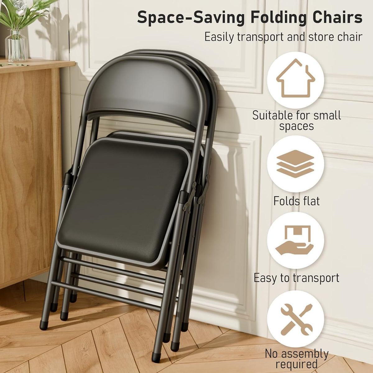 Black Folding Chairs with Padded Cushion, 10 Pack M583575