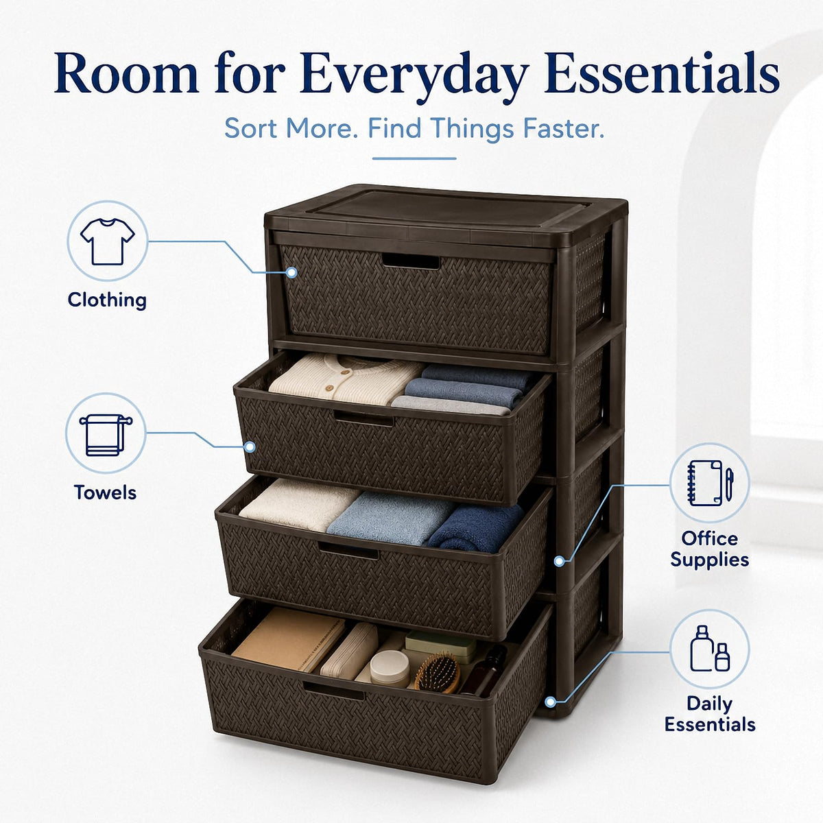 Wide 4-Drawer Storage Organizer Tower with Removable Bins Y634