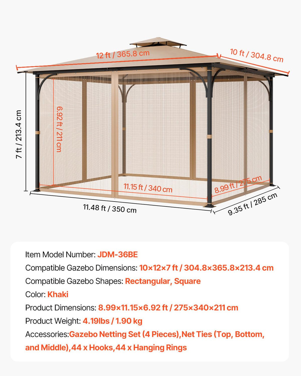 10 x 12 x 7 FT Gazebo Netting Replacement 4-Panel Sidewall Mesh Net Q26216