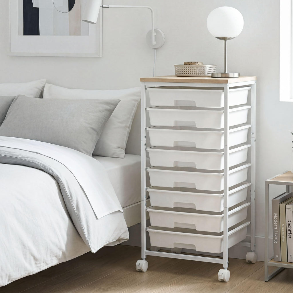 8 Drawer Rolling Storage Cart with Wooden Tabletop O2780