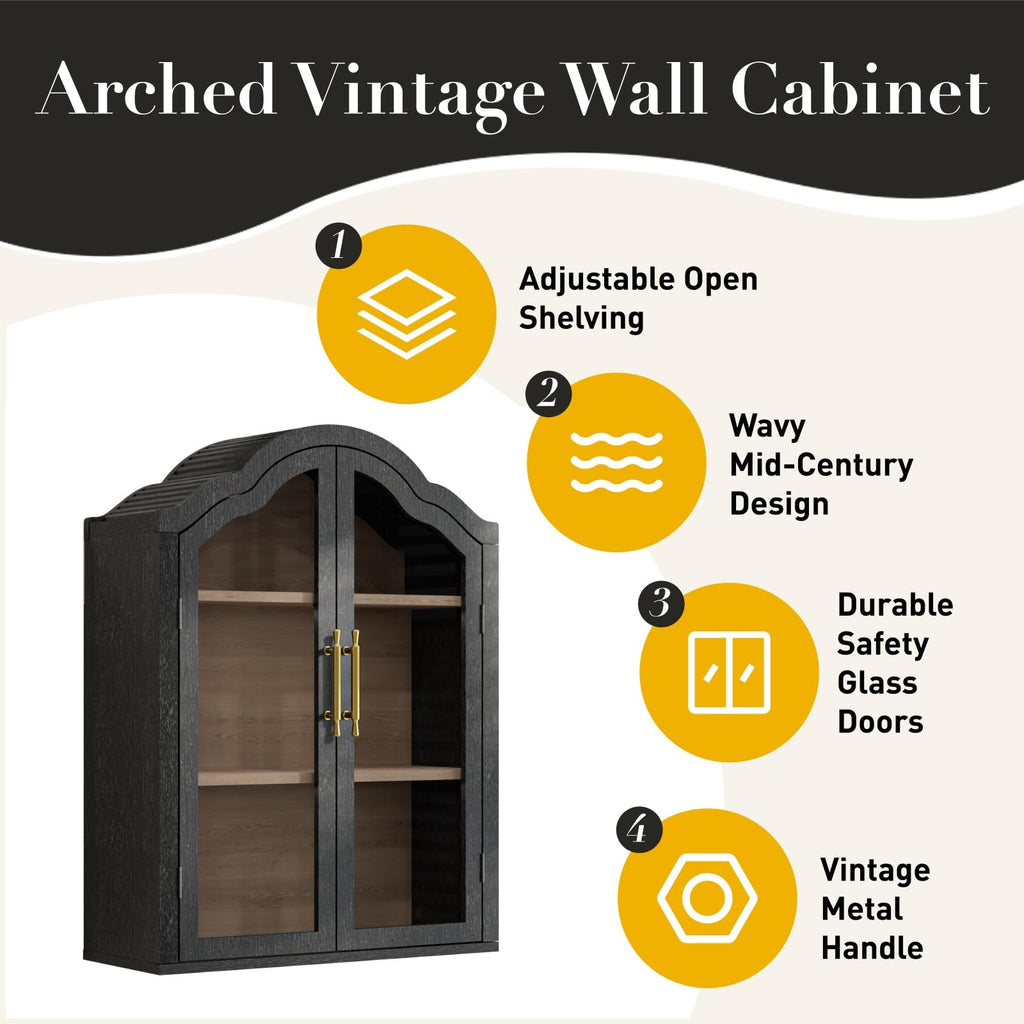 Black 31.5×23.6 Inch Wall Mounted Cabinet with Tempered Glass Doors B77374