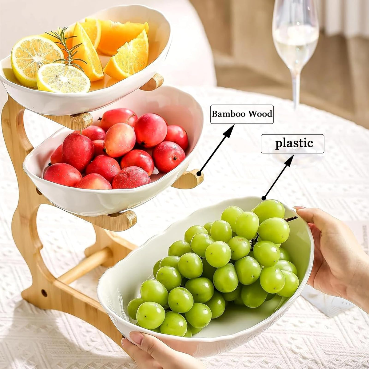 3-Tier Oval Fruit Basket with Bamboo Stand O26069