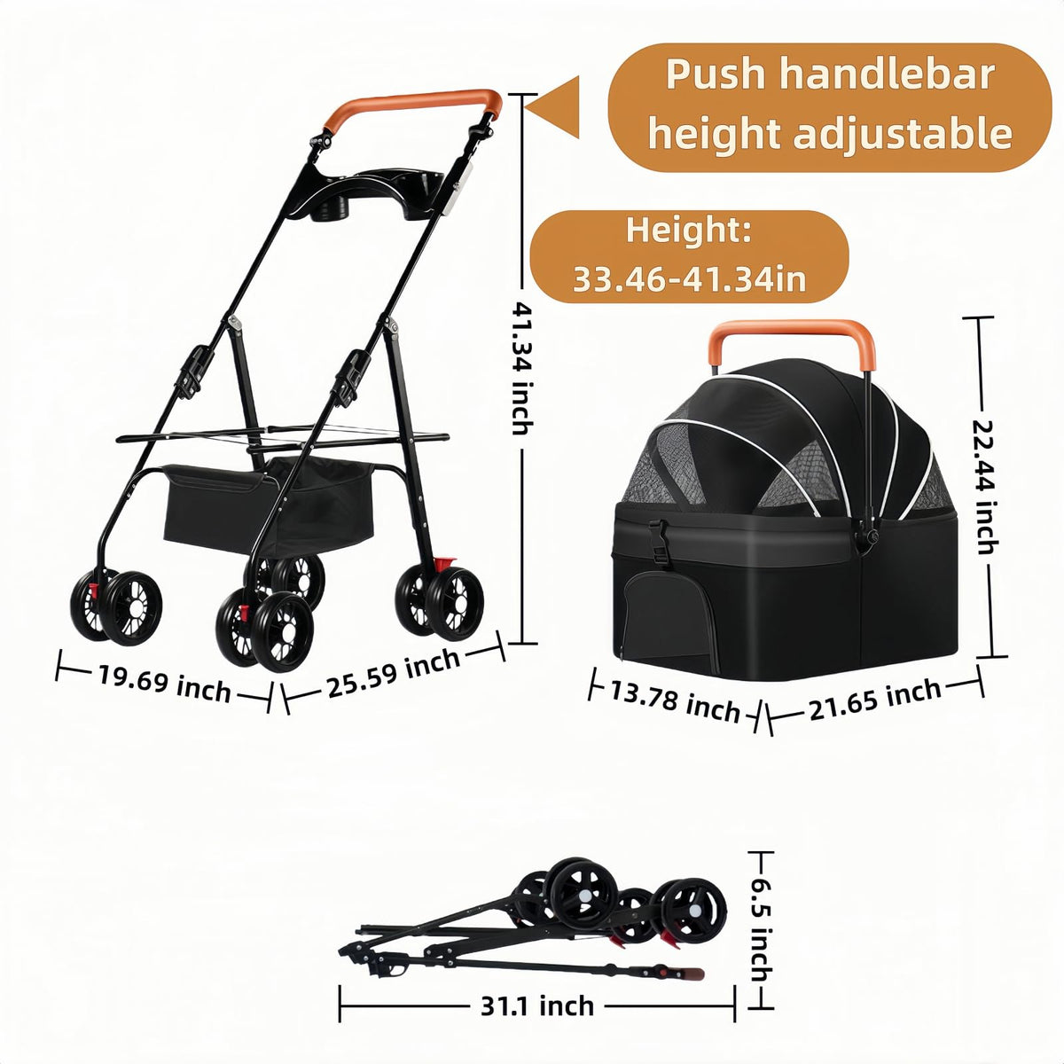 Black Foldable Pet Stroller with Storage Basket U71286