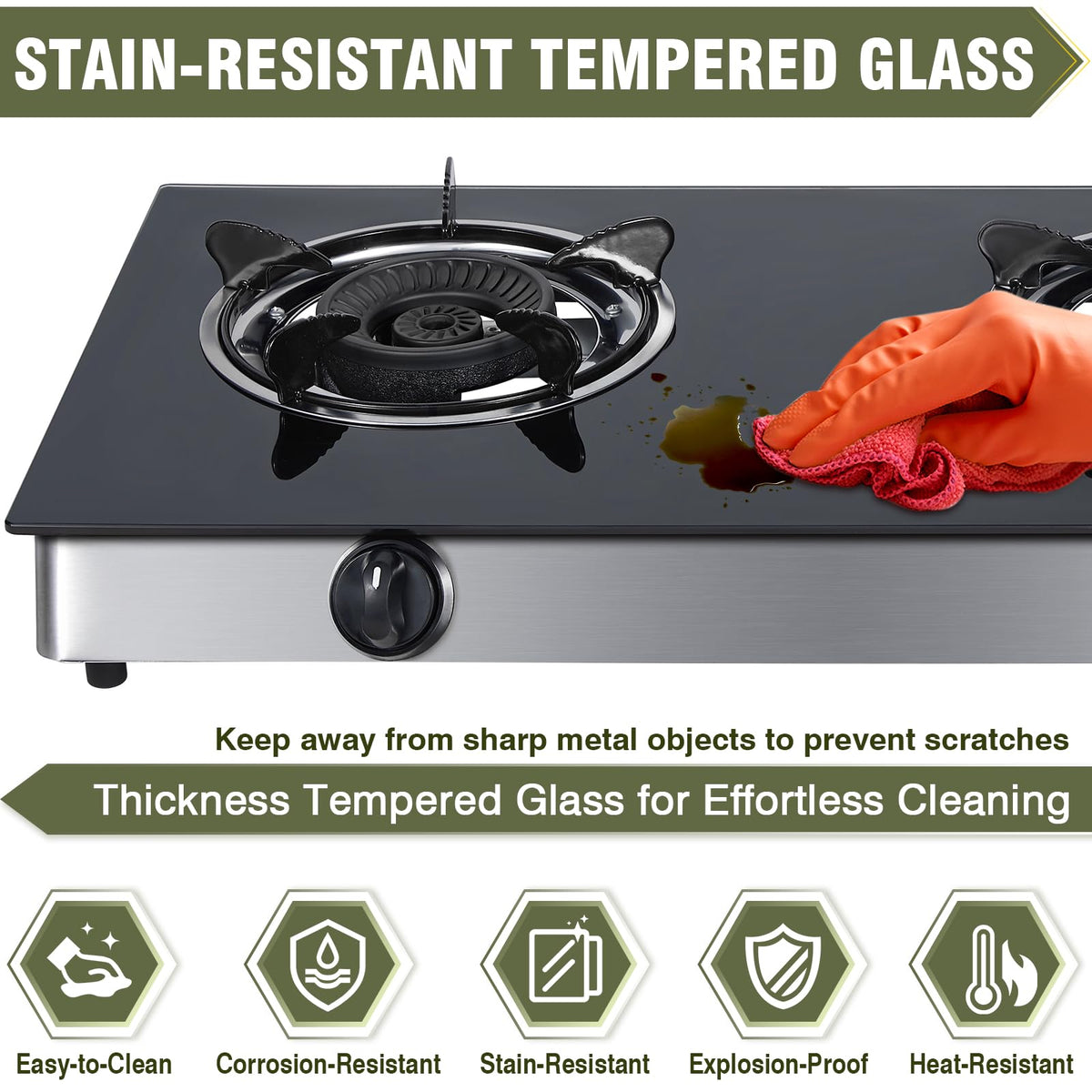 2-Burner Propane Gas Cooktop Portable Tempered Glass Stove E291