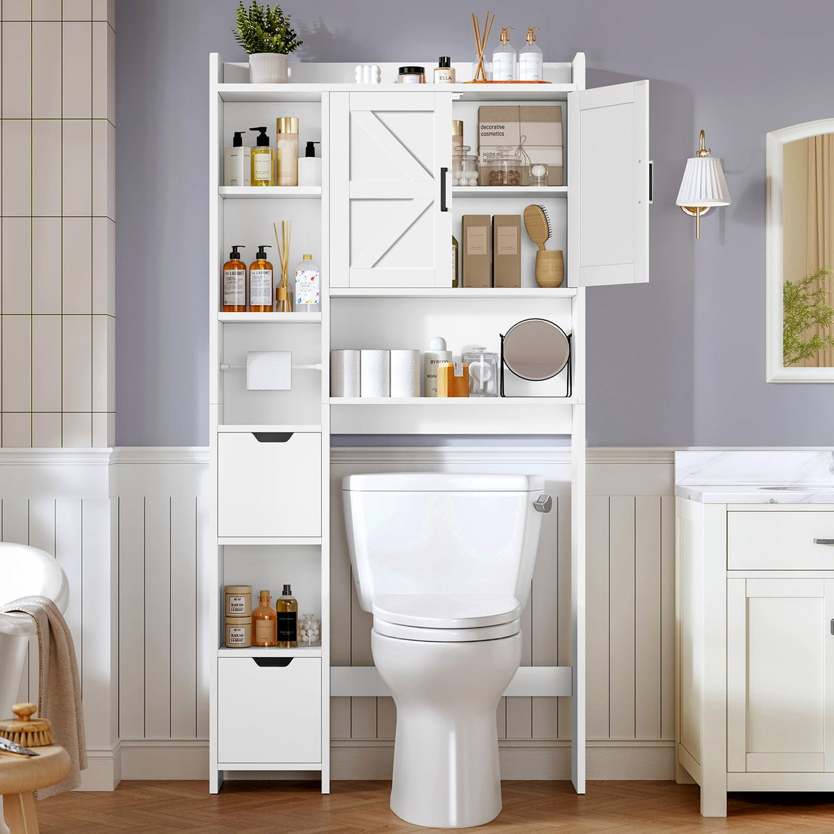 White Over the Toilet Storage Cabinet with 2 Removable Drawers C348245