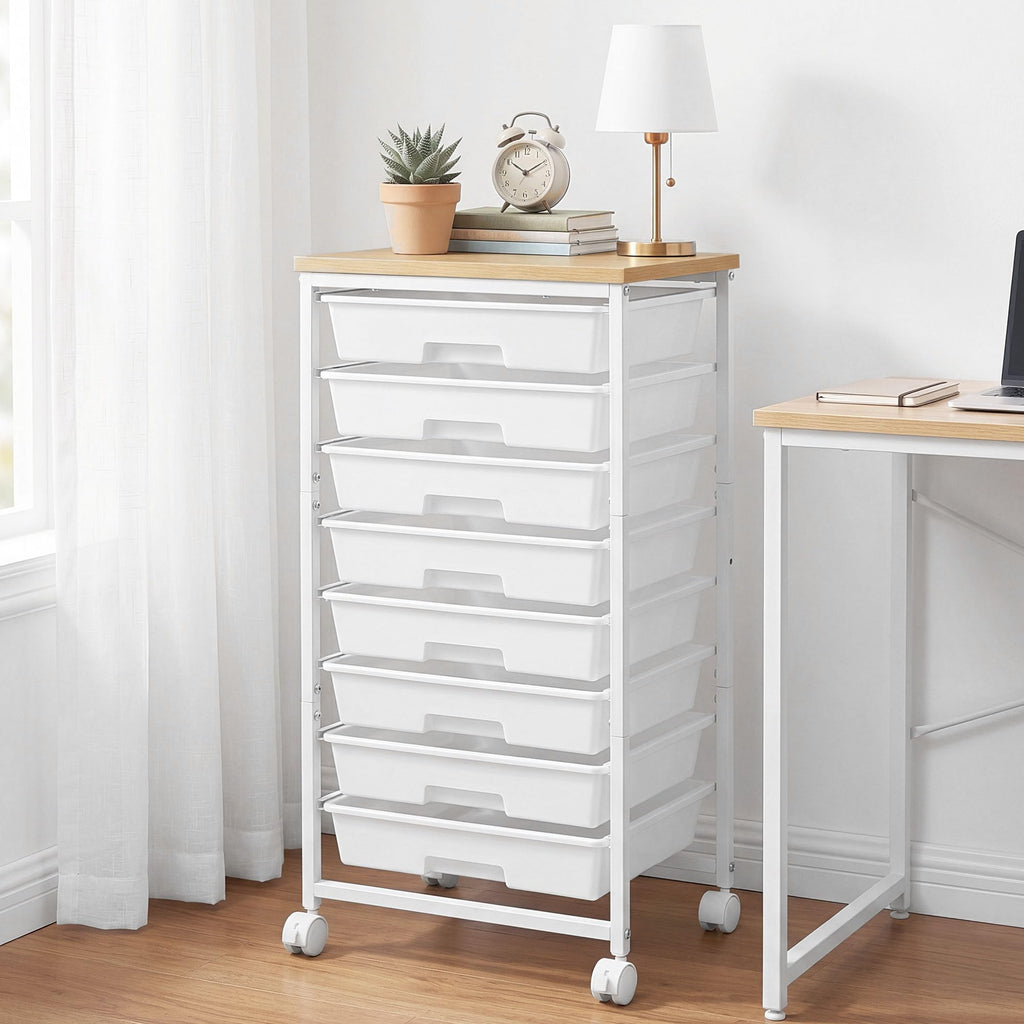 8 Drawer Rolling Storage Cart with Wooden Tabletop O2780