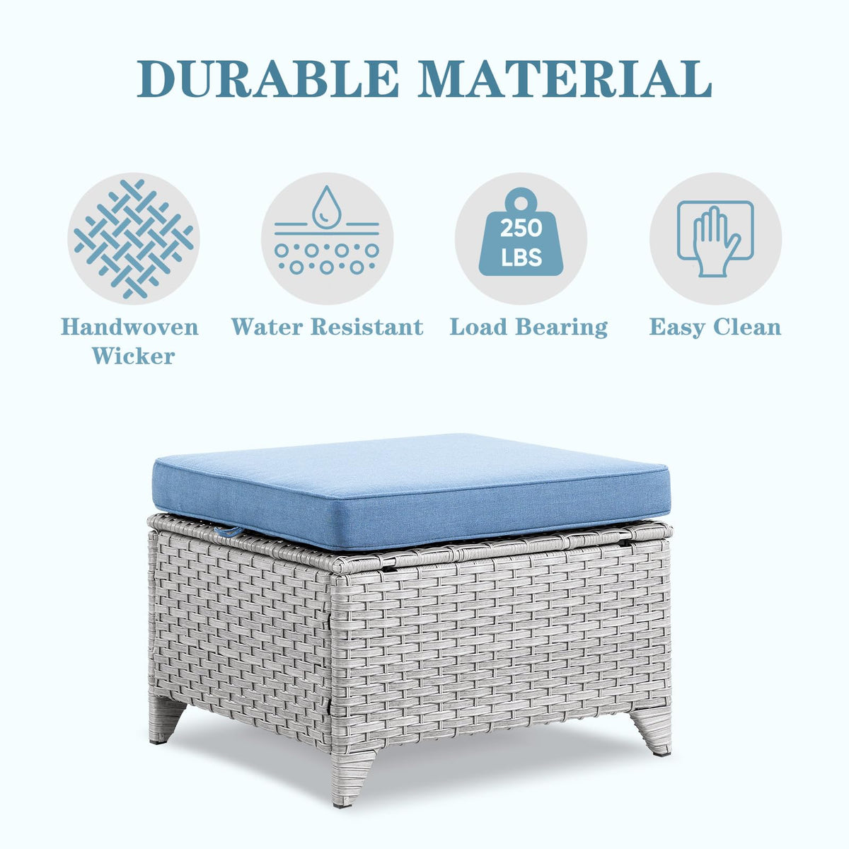 Wicker Outdoor Ottomans Set of 2 Handwoven Rattan Footstools with Removable Cushions C801