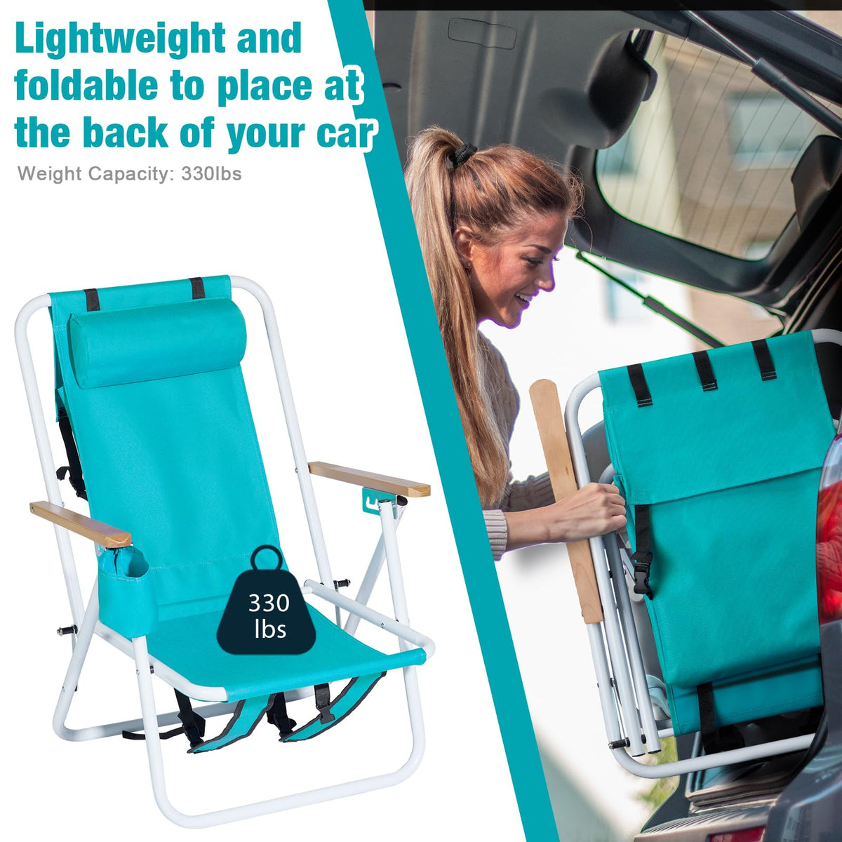Set of 2 Folding Backpack Beach Chairs with Cup Holder (Green) G6505