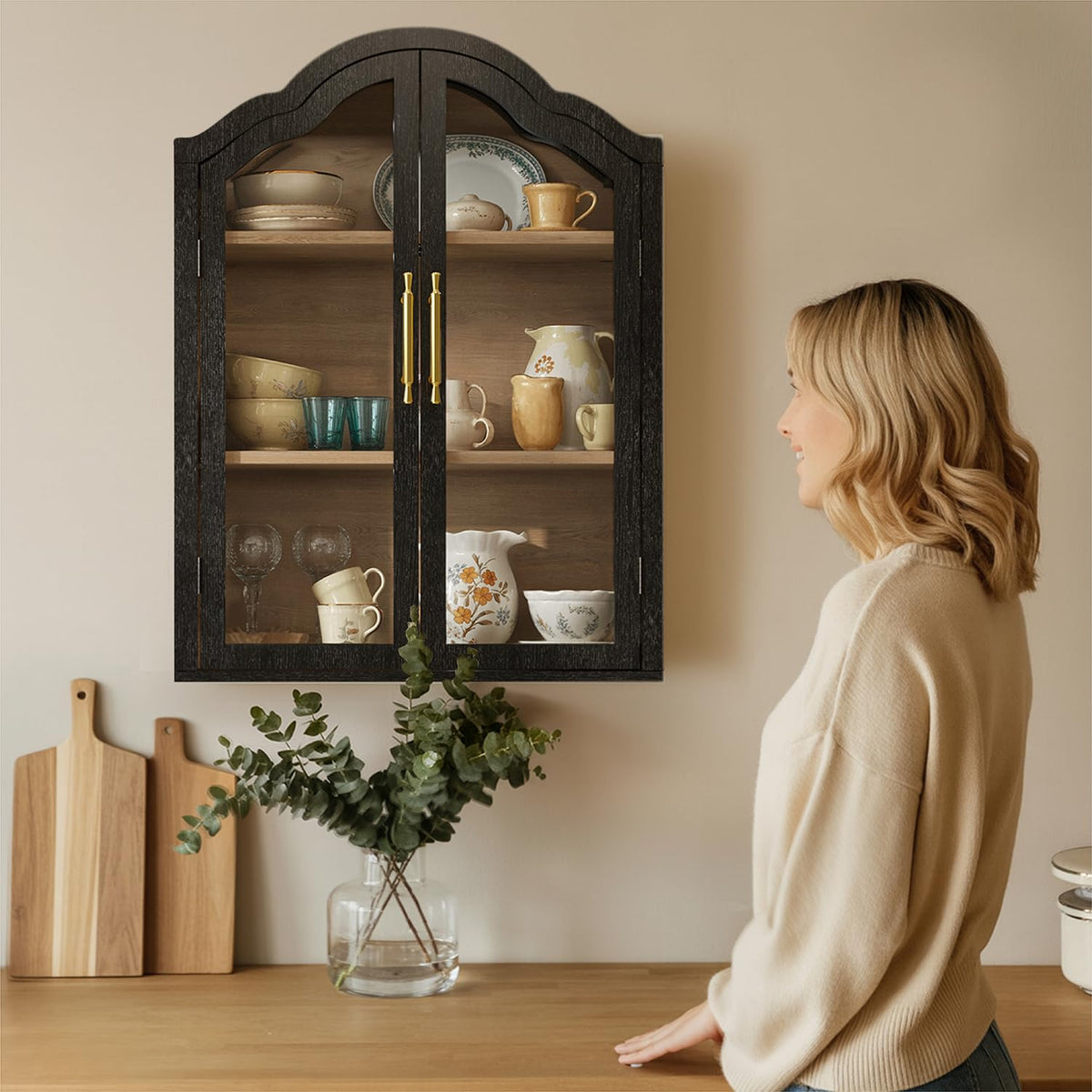 Black 31.5×23.6 Inch Wall Mounted Cabinet with Tempered Glass Doors B77374
