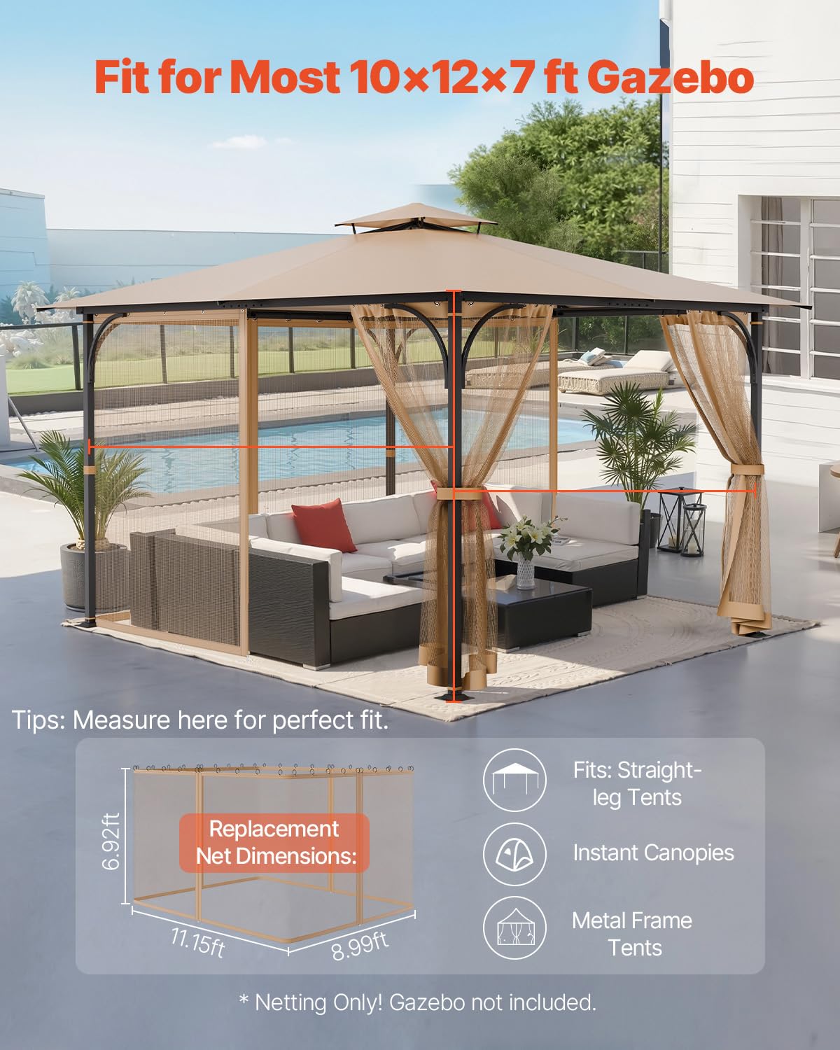 10 x 12 x 7 FT Gazebo Netting Replacement 4-Panel Sidewall Mesh Net Q26216