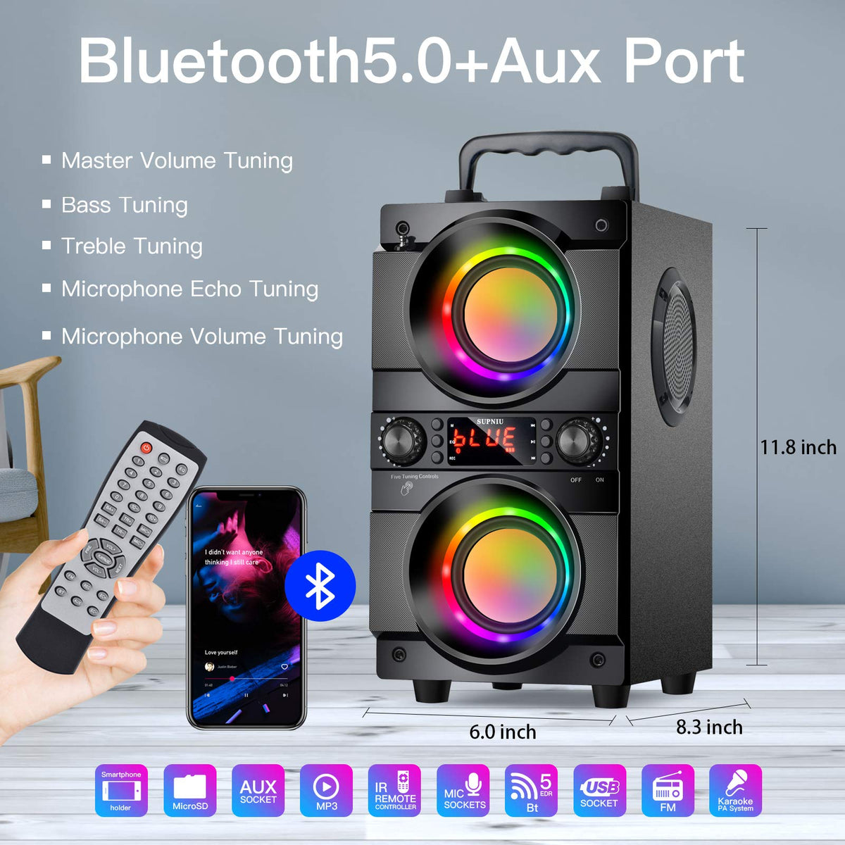 Portable Bluetooth Speaker with Double Subwoofer Heavy Bass F253965