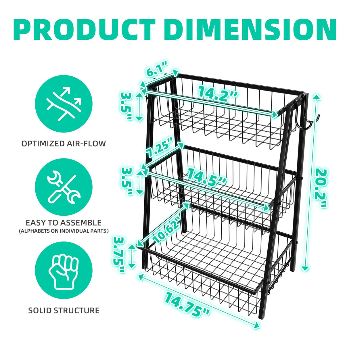 3-Tier Black Metal Wire Fruit Basket with Banana Hooks E508